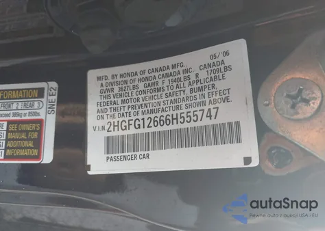 2006 Honda Civic Lx from USA, damaged, VIN 2HGFG12666H555747